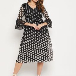 Bitterlime Polka Dots Printed Tie-Up Detail Belted Georgette A-Line Midi Dress-28