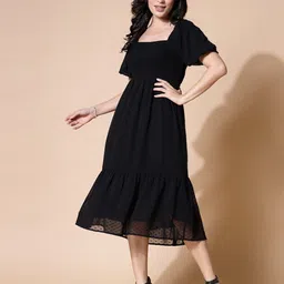 Strong And Brave Self Design Square Neck Puff Sleeve Fit & flare Midi Dress-image-1