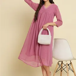VredeVogel Self Design V-Neck Midi Empire Dress-image-64