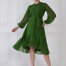 Antheaa Puff Sleeve Chiffon A-Line Midi Dress-image-67