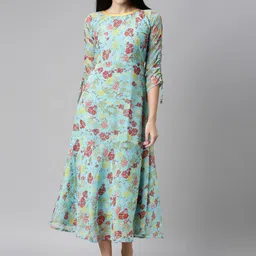 Souchii Women Blue Floral Printed Chiffon A-Line Midi Dress-42