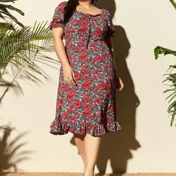 Berrylush Curve Plus Size Red Floral Printed Gathered Detailed A-Line Midi Dress-86