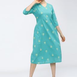 Vishudh Blue Floral Ethnic A-Line Midi Dress-image-28