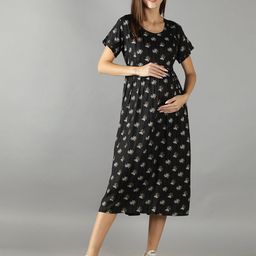NIGHTSPREE Women Black Printed Maternity Fit and Flare Midi Dress-image-93