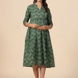 CRAFIQA Floral Printed Maternity Pure Cotton Fit & Flare Midi Dress-image-58