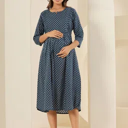 LALI JAIPUR Polka Dot Printed Cotton Flared Maternity A-Line Midi Dress-picture-28