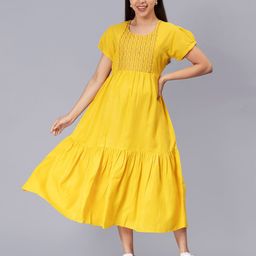 NIGHTSPREE Round Neck Embroidered Tiered Fit & Flare Cotton Maternity And Feeding Dress-picture-7