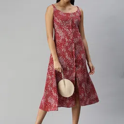 SHOWOFF Red Floral A-Line Midi Dress-image-82