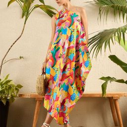 Uptownie Printed A-Line Assymetric One-Shoulder Cowl Crepe Dress-image-61