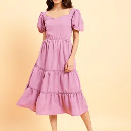 MINT STREET Puff Sleeve Crepe A-Line Midi Dress-picture-0