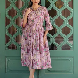 Nayo Ethnic Print V-Neck Bell Sleeves PLeated Cotton Fit & Flare Midi Dress-image-49
