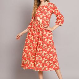 KALINI Floral Printed Round Neck Cotton A-Line Midi Dress-37