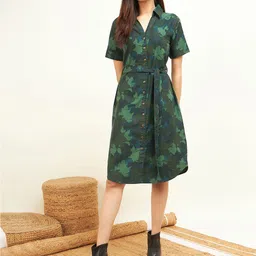 STADO Floral Print Shirt Collar Cotton  A-Line Dress-image-13