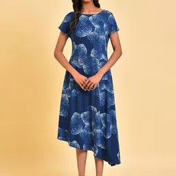W Blue Abstract Printed Asymmetric Hem A-Line Midi Dress-10