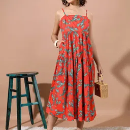 Vishudh Orange Conversational Printed Shoulder Straps Gathered Cotton A-Line Midi Dress-image-10