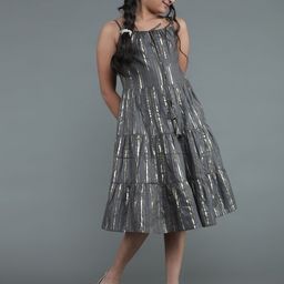 Aks Kids Girls Striped Printed Square Neck Tiered Cotton A-Line Midi Dress-image-33