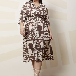 Athena Ample Plus Size Printed Shirt Collar Fit and Flare Midi Dress-20