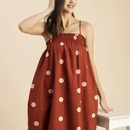 Moomaya Polka Dot Printed Shoulder Straps A-Line Midi Dress-image-33