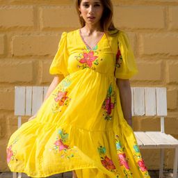 Ambraee Floral Printed V-Neck Puff Sleeves Gathered Tiered Cotton Empire Midi Dress-picture-1