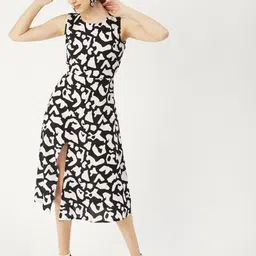 Moomaya Abstract Printed Cut-Out detail Front Slit A-Line Midi Dress-image-16