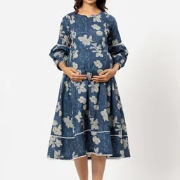 Ikk Kudi by Seerat Blue Floral Maternity & Nursing Cotton Midi Dress-picture-9