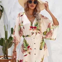 StyleCast Cream Coloured Floral Printed Flared Sleeves Tie-Ups Mini A-Line Dress-picture-11