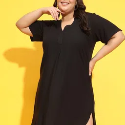 Oxolloxo Plus Size Band Collar A-Line Mini Dress-11