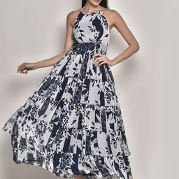 250 DESIGNS Blue & White Floral Printed Halter Neck Georgette Maxi Dress-image-69