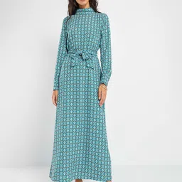 KIABI Geometric Printed High Neck Long Sleeves Belted Maxi Dress-image-9