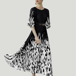 JC Collection Abstract Printed Belted Flared Sleeves Accordion Pleated Fit & Flare Dress-picture-2