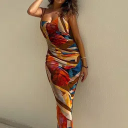 StyleCast Abstract Printed Shoulder Strap Ruched Maxi Dress-picture-1