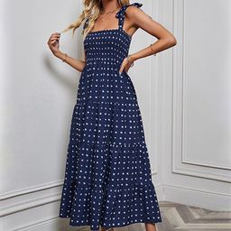 StyleCast x Revolte Blue Geometric Smocked Shoulder Strap Tiered Fit & Flare Maxi Dress-image-48