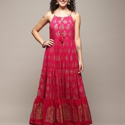Biba Floral Printed Shoulder Straps Gathered Tiered Maxi Ethnic Dress-picture-21