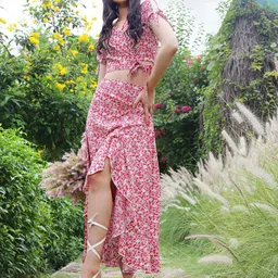Sera Fuchsia & White Floral Printed Wrap Top with Skirt-41