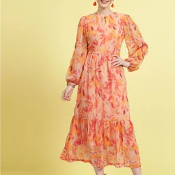plusS Orange Floral Printed Puff Sleeves Gathered A-Line Midi Dress-picture-13