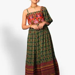 Jilmil Ethnic Printed Accordion Pleated One Shoulder Puff Sleeves Maxi Fit & Flare Dress-image-51