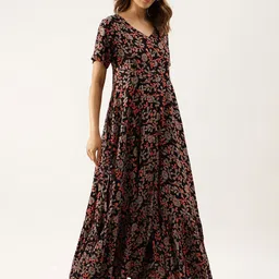 Divena Floral Printed V-Neck Gathered Maxi Dress-image-91