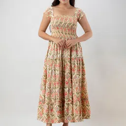 BAESD Floral Printed Cap Sleeves Smocked Fit & Flare Dress-image-16