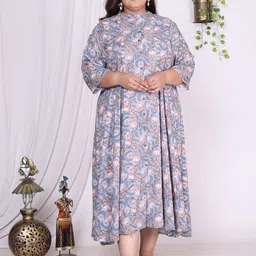 Swasti Plus Size Floral Printed Mandarin Collar Cotton A-Line Midi Ethnic Dress-25