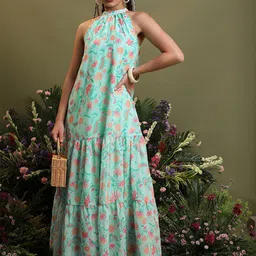 Vishudh Sea Green Floral Printed Halter Neck Gathered Or Pleated Tiered Maxi Dress-picture-42