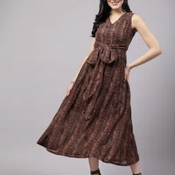 plusS Animal Printed V-Neck Sleeveless Tie-Ups Detail A-Line Midi Dress-28