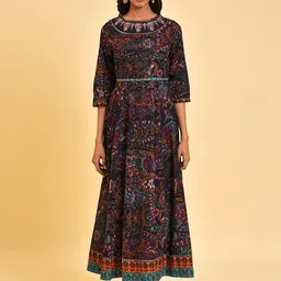 W Blue Ethnic Motifs Printed Embroidered Cotton Maxi Ethnic Dress-35