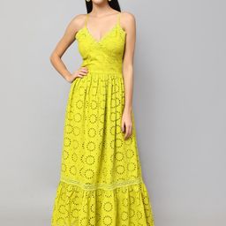 Amagyaa Self Design Shoulder Straps Gathered Schiffli Cotton Maxi Dress-image-8