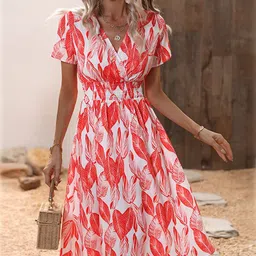 StyleCast Red Tropical Print Smocked Detailed Fit and Flare Midi Dress-image-12