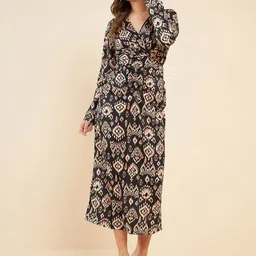 Antheaa Black Ethnic Motifs Printed V-Neck A-Line Midi Dress-image-73