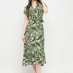 Imfashini V-Neck Tropical Print A-Line Cotton Midi Dress-image-50