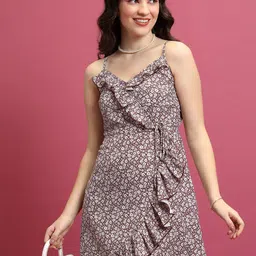 Tokyo Talkies Maroon Floral Printed Ruffle Mini Wrap Dress-image-14