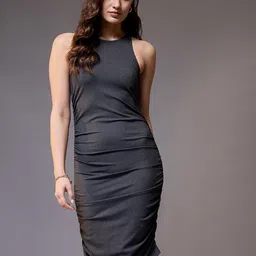 STYLECAST X KASSUALLY Grey Round Neck Ruched Bodycon Dress-image-51