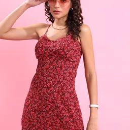 KETCH Red Floral Printed A-line Dress-image-10
