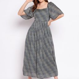 BAESD Abstract Printed Square Neck Flared Sleeves Pleated Chiffon Midi Dress-6